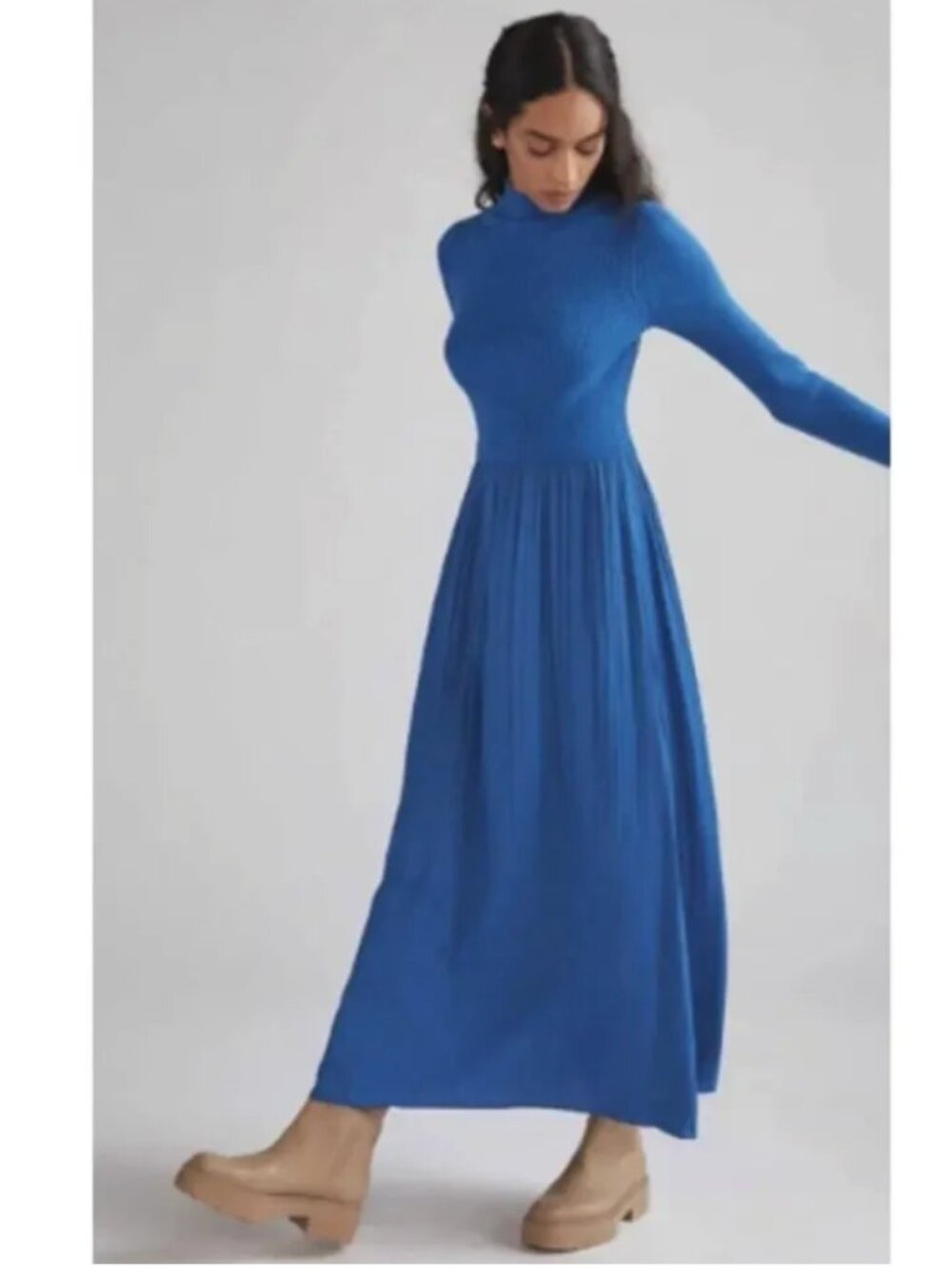 By Anthropologie Thea Twofer Maxi Sweater Dress Size XSP Blue Pleated Satin